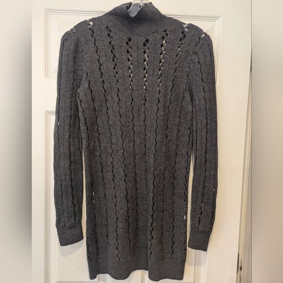 COS Cut-Out gray turtleneck Boiled Wool Tunic sweater crochet ribbed size S cozy - Picture 6 of 12